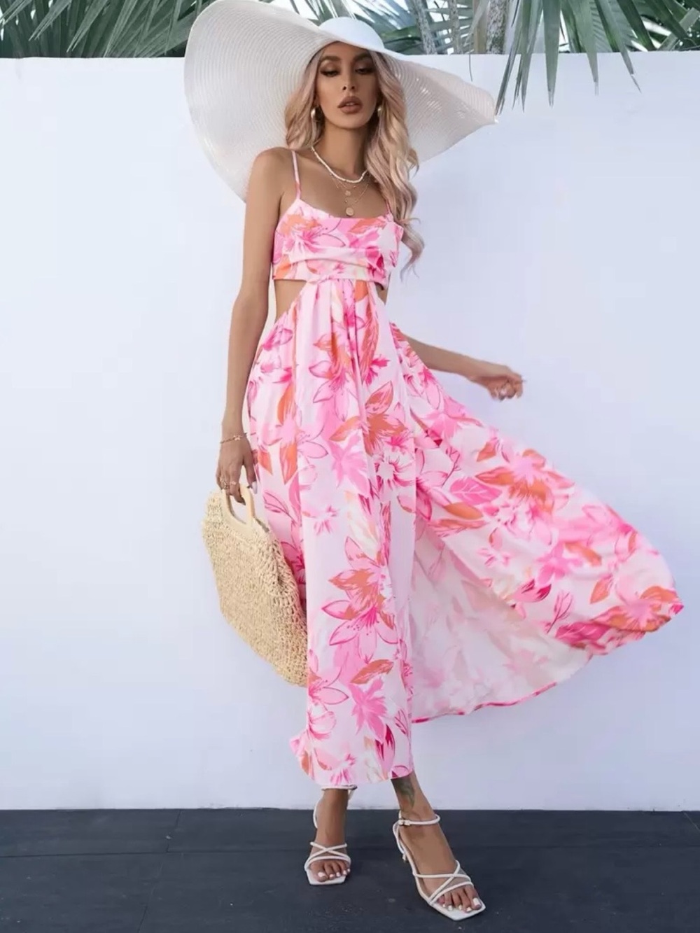 NWOT SHEIN Pink Floral Cutout Waist Split Thigh Cami Dress